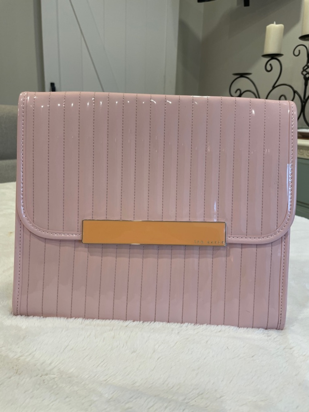Ted Baker Pink Glossy Vertical-Stripe Envelope Clutch
